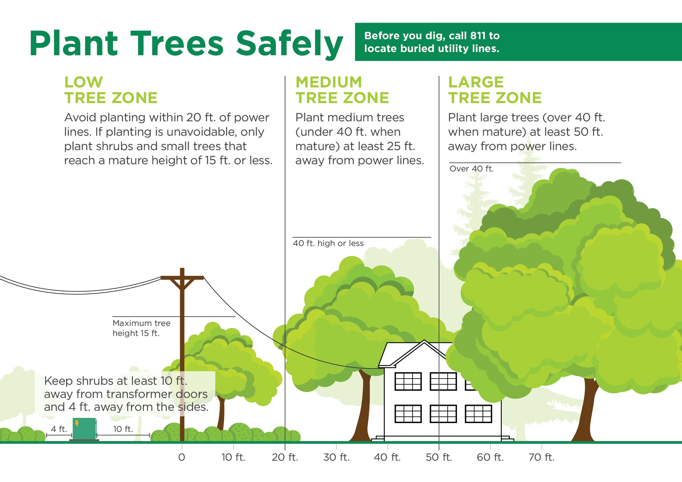 Plant the right tree in the right place. Plant taller trees away from overhead utility lines.