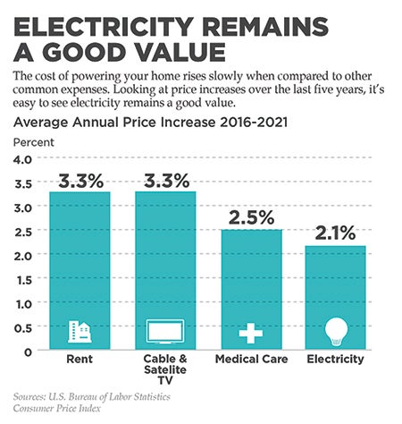 Graph showing the value of electricity over times as compared to other common household good.