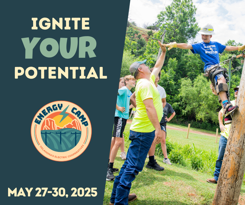 Image of a kid climbing a power pole and high-fiving an instructor.