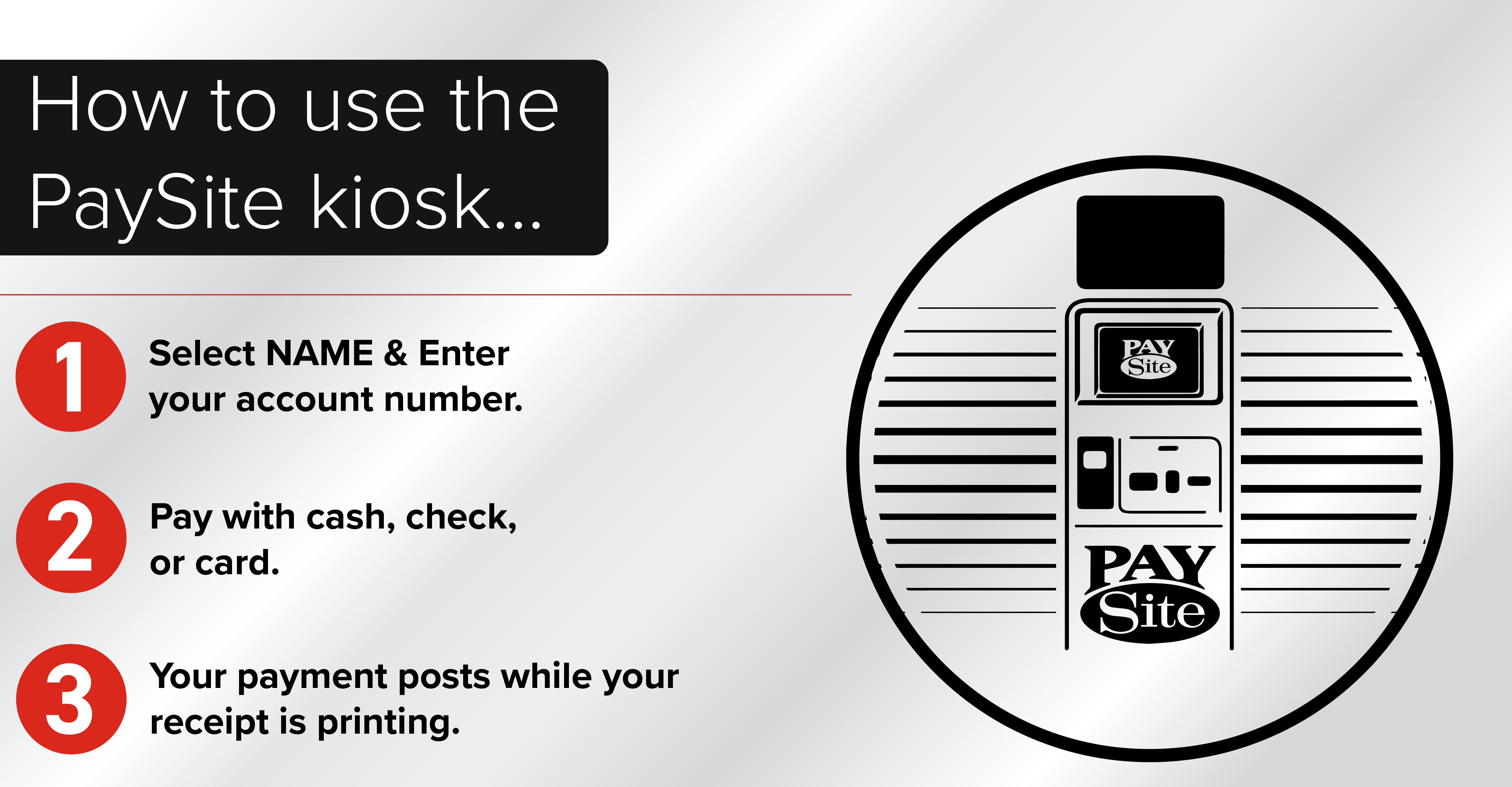 How to use the PaySite kiosk. 1. Select NAME & enter your account number. 2. Pay with cash, check, or card. #. Your payment posts while your receipt is printing.