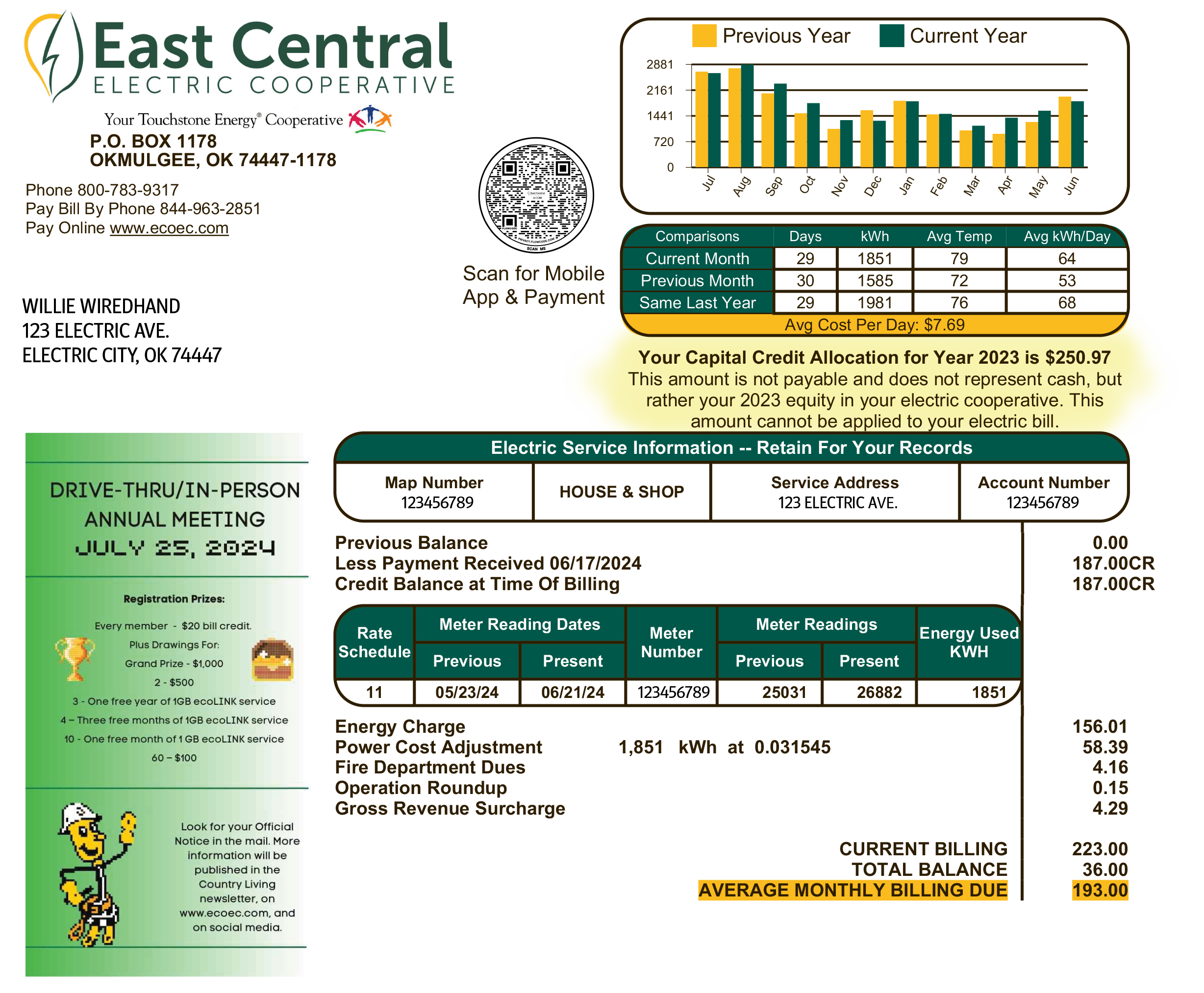 Image shows a portion of an electric bill with the capital credit allocation notice highlighted in yellow.