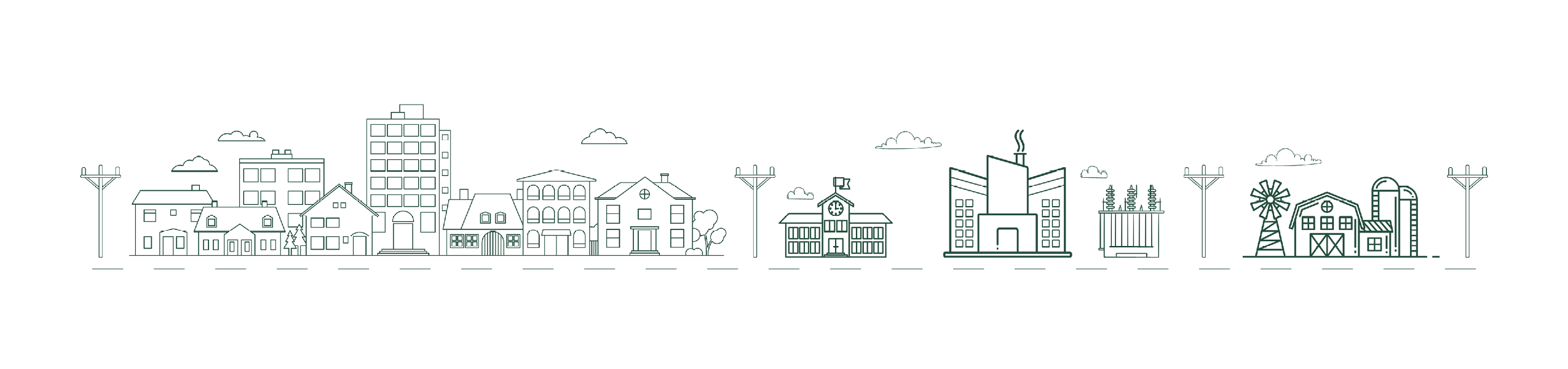 ECE Economic Development Header - a scene of power lines connecting a city, a school, industry, and rural life