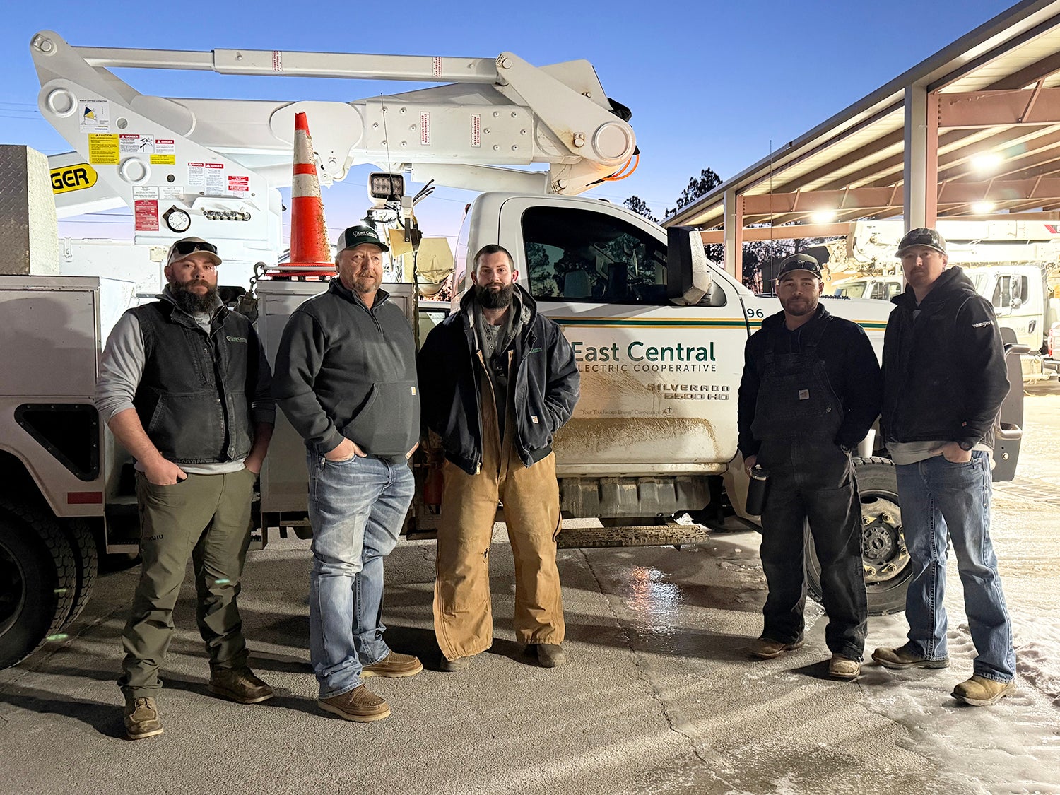 The first East Central Electric crew to travel to TVEPA on January 31, 2026, from Left to Right: Brad Duncan, Jody Gilroy, Shane Walker, Lael LeBlanc, and Lee Davis.