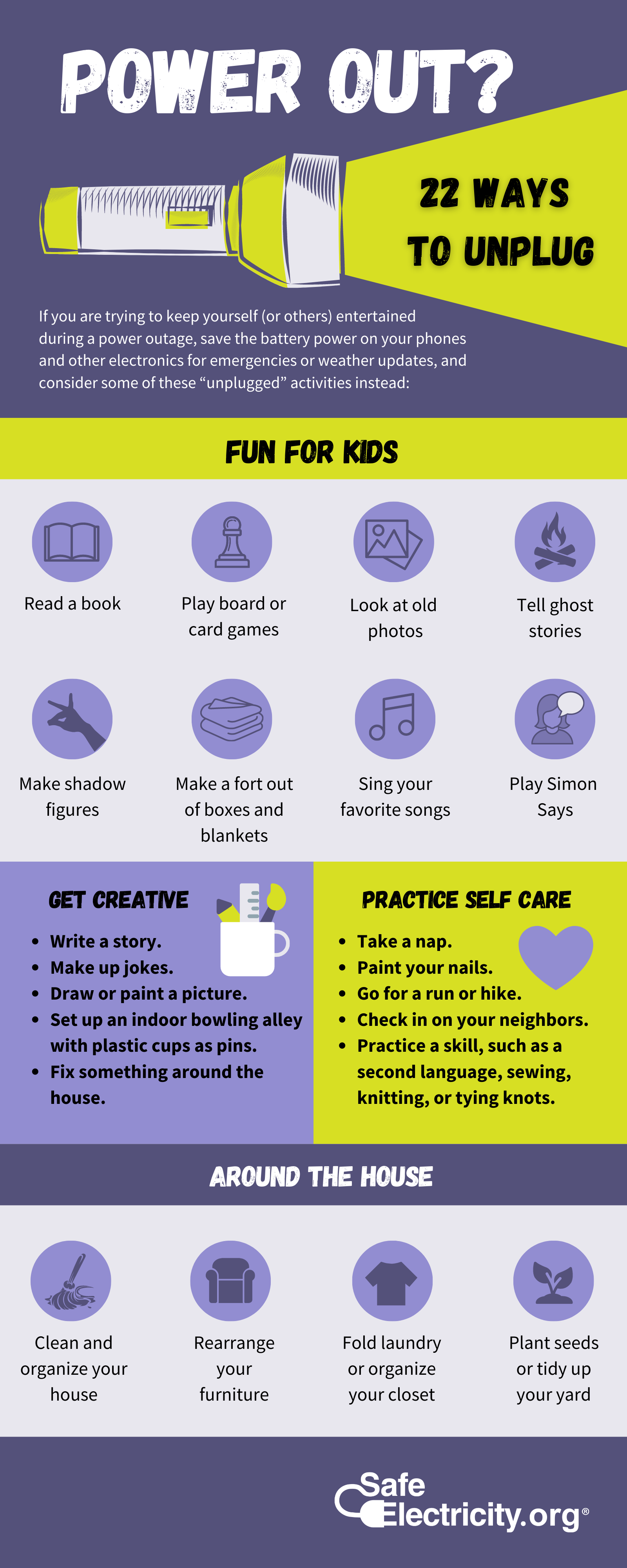 An infographic containing fun activities to do with kids when the power goes out. 