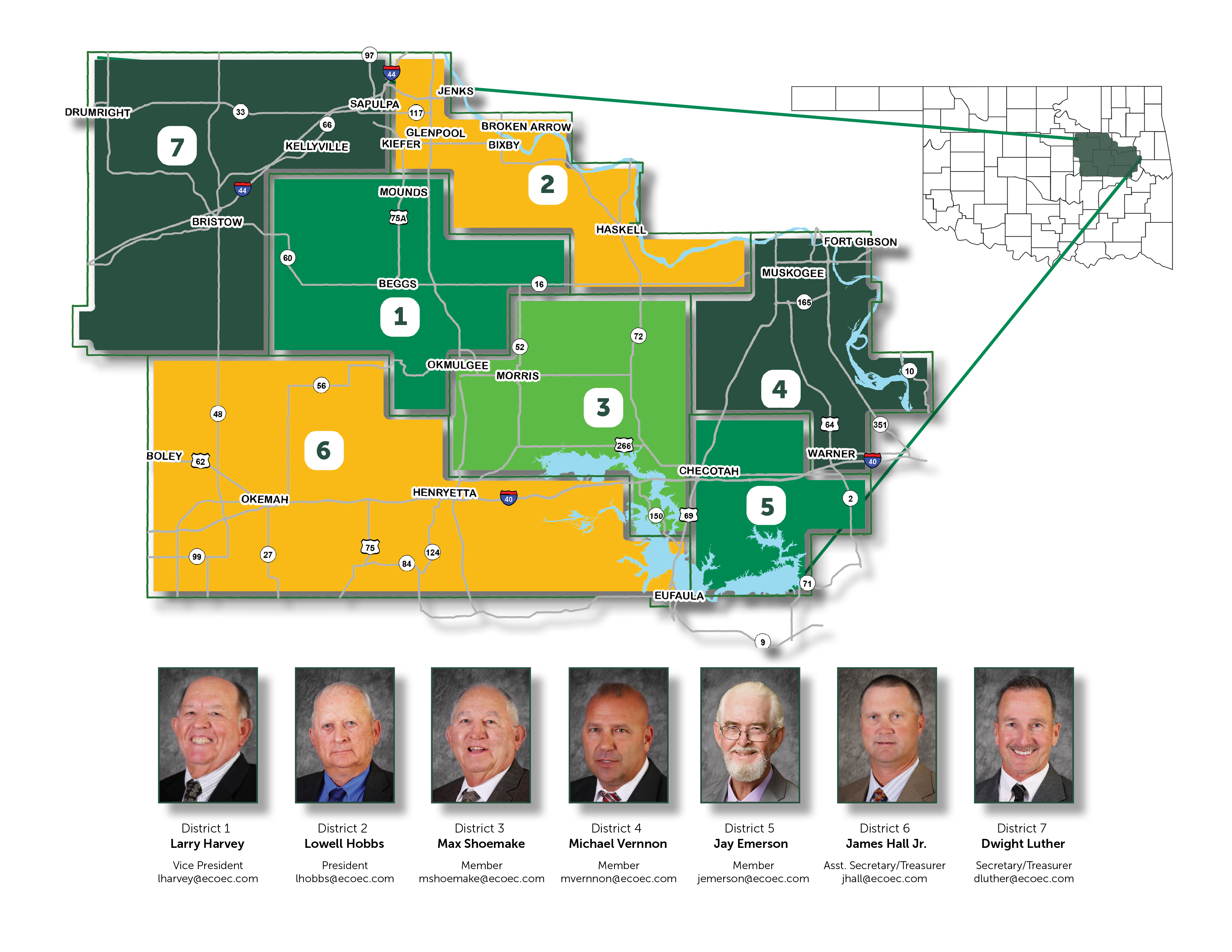 A map of the East Central Electric Cooperative Service Area, approximately 3,000 square miles in East Central Oklahoma touching nine counties.