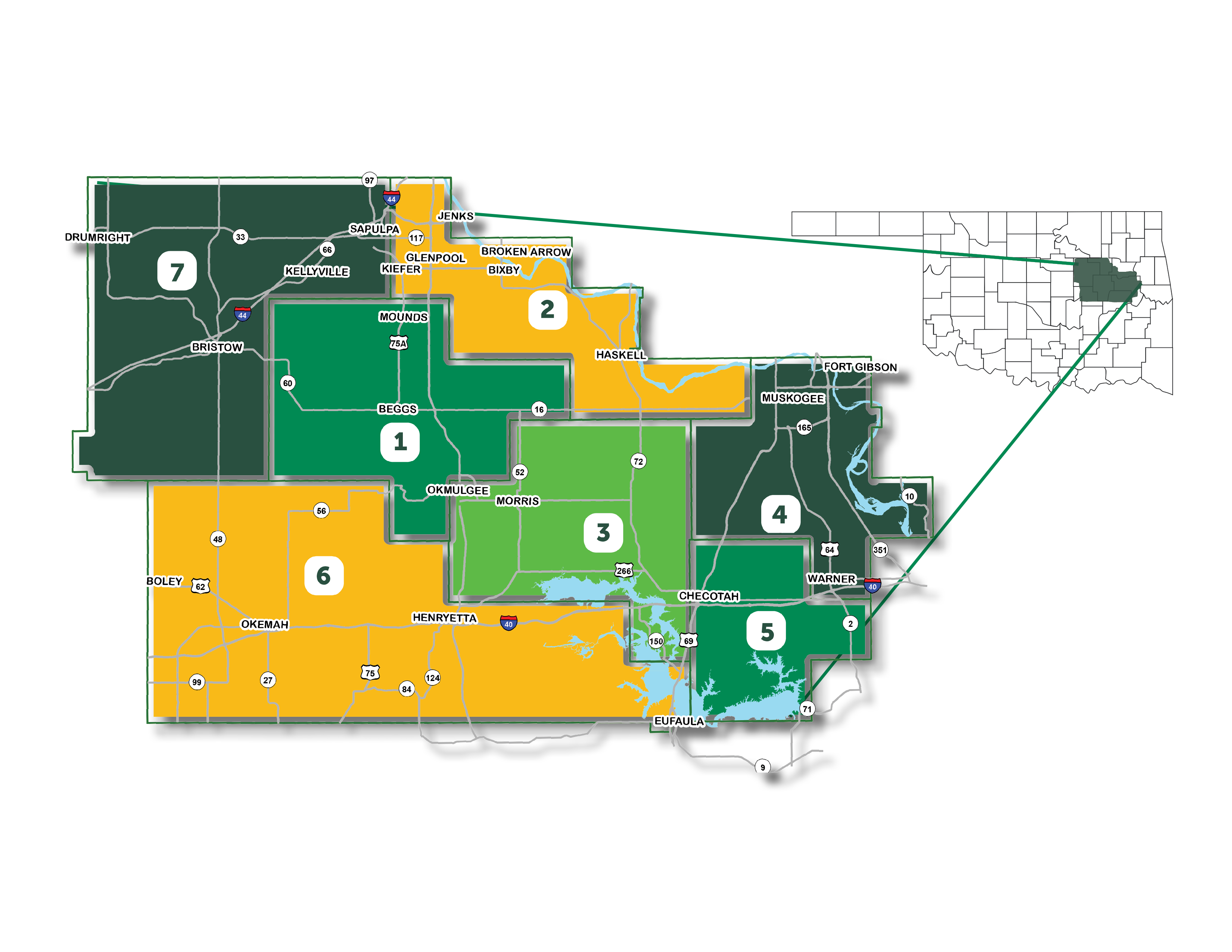 A map of the East Central Electric Cooperative Service Area, approximately 3,000 square miles in East Central Oklahoma touching nine counties.