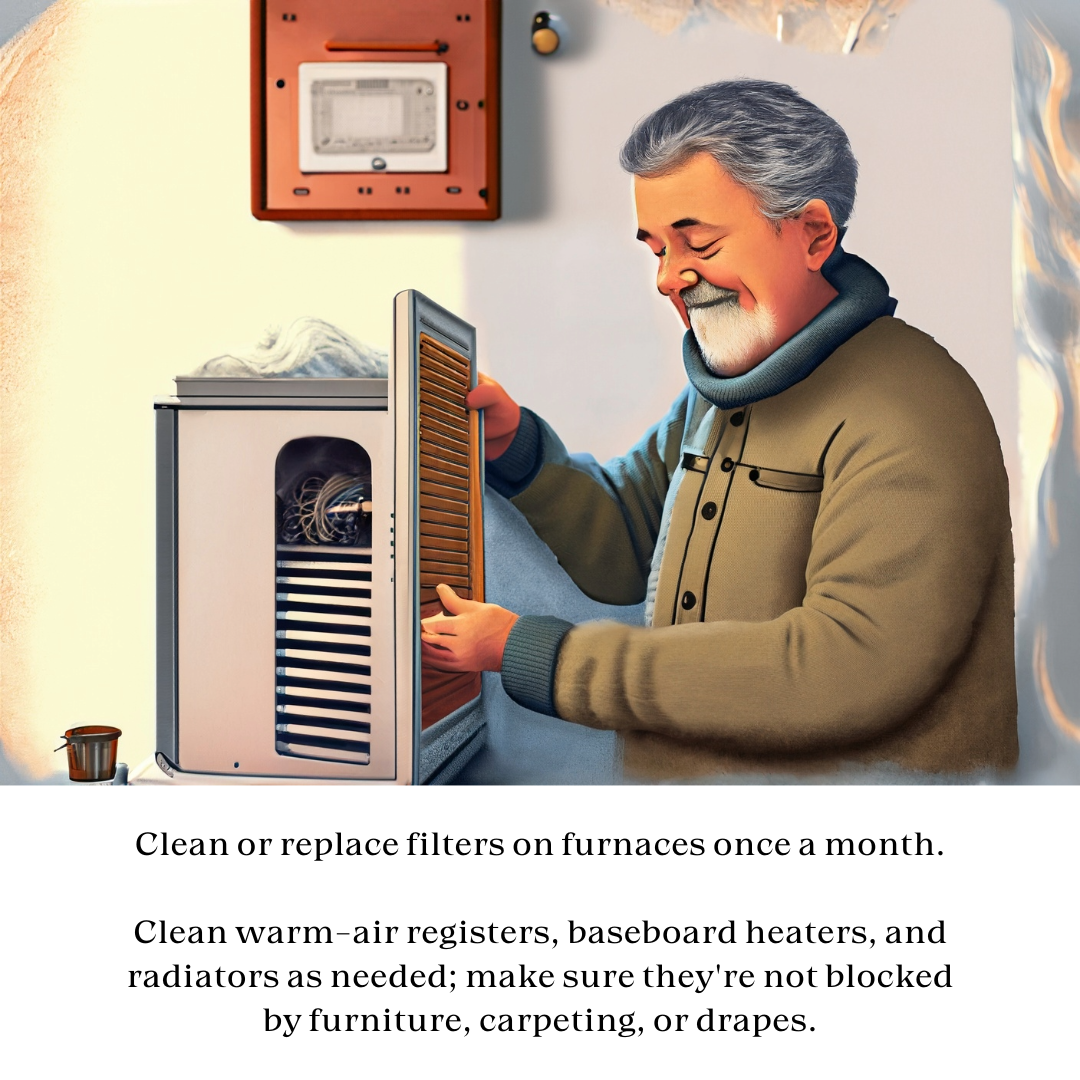 AI image of a man replacing the filter in a thermostat. Text on image reads, "Clean or replace filters on furnaces once a month.  Clean warm-air registers, baseboard heaters, and radiators as needed; make sure they're not blocked by furniture, carpeting, or drapes."