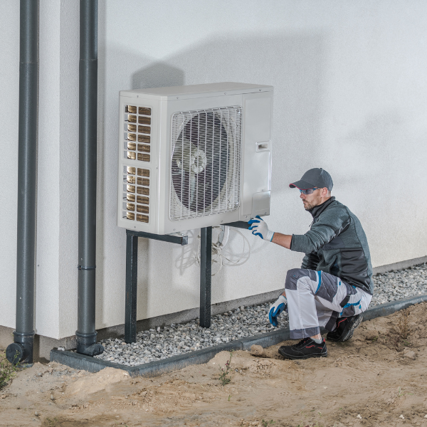 Technician working on an air source heat pump
