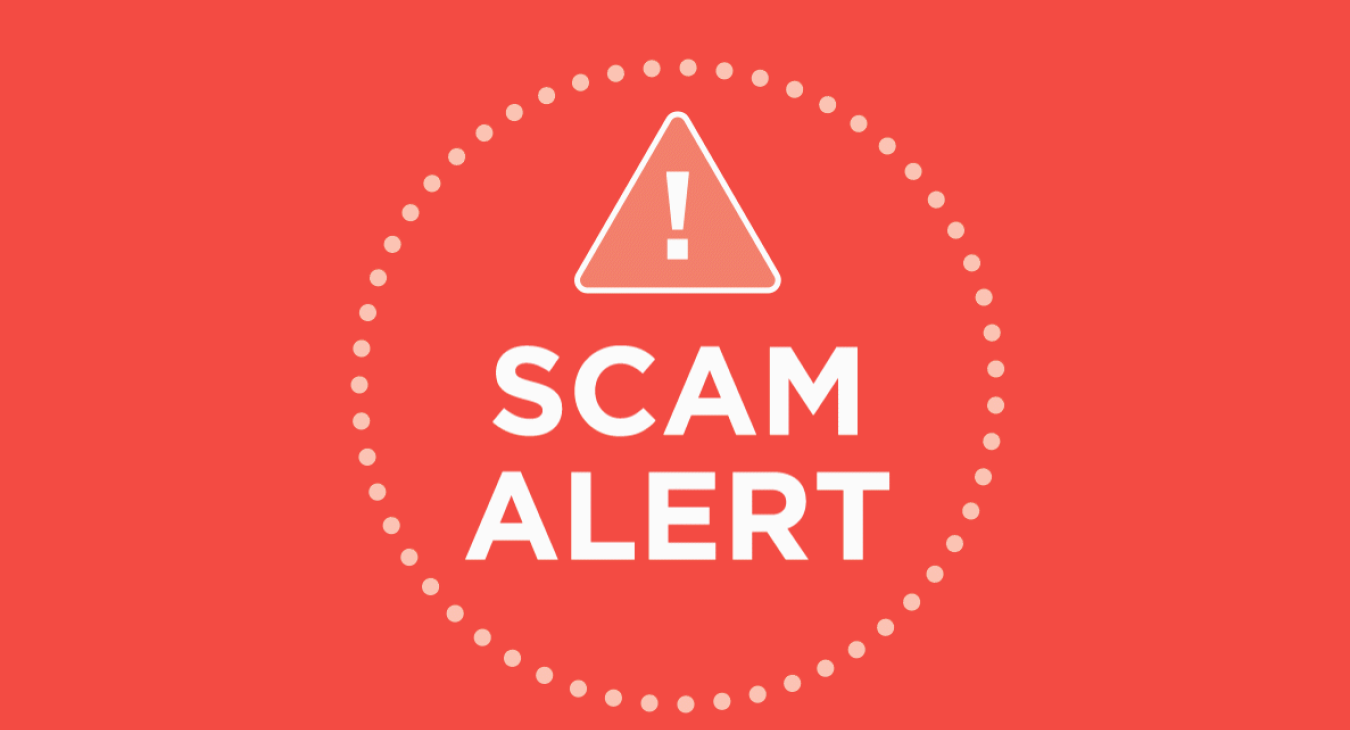 Red background with the words Scam Alert and a warning sign.