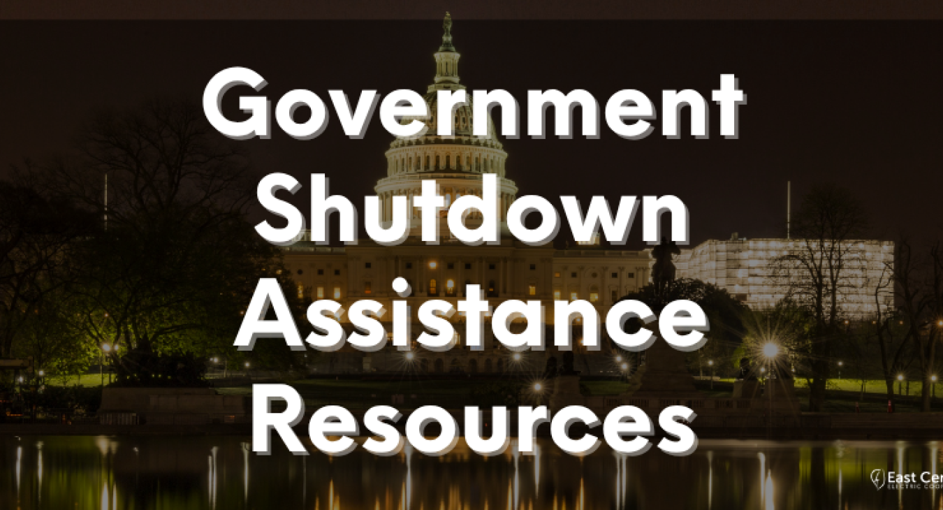 Decorative image has the words "Government Shutdown Assistance Resources" written over a nighttime image of the U.S. Capitol.