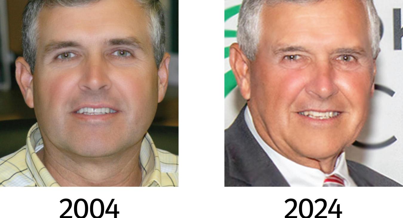 Two photos of Tim Smith side by side. One from 2004 and one from 2024.