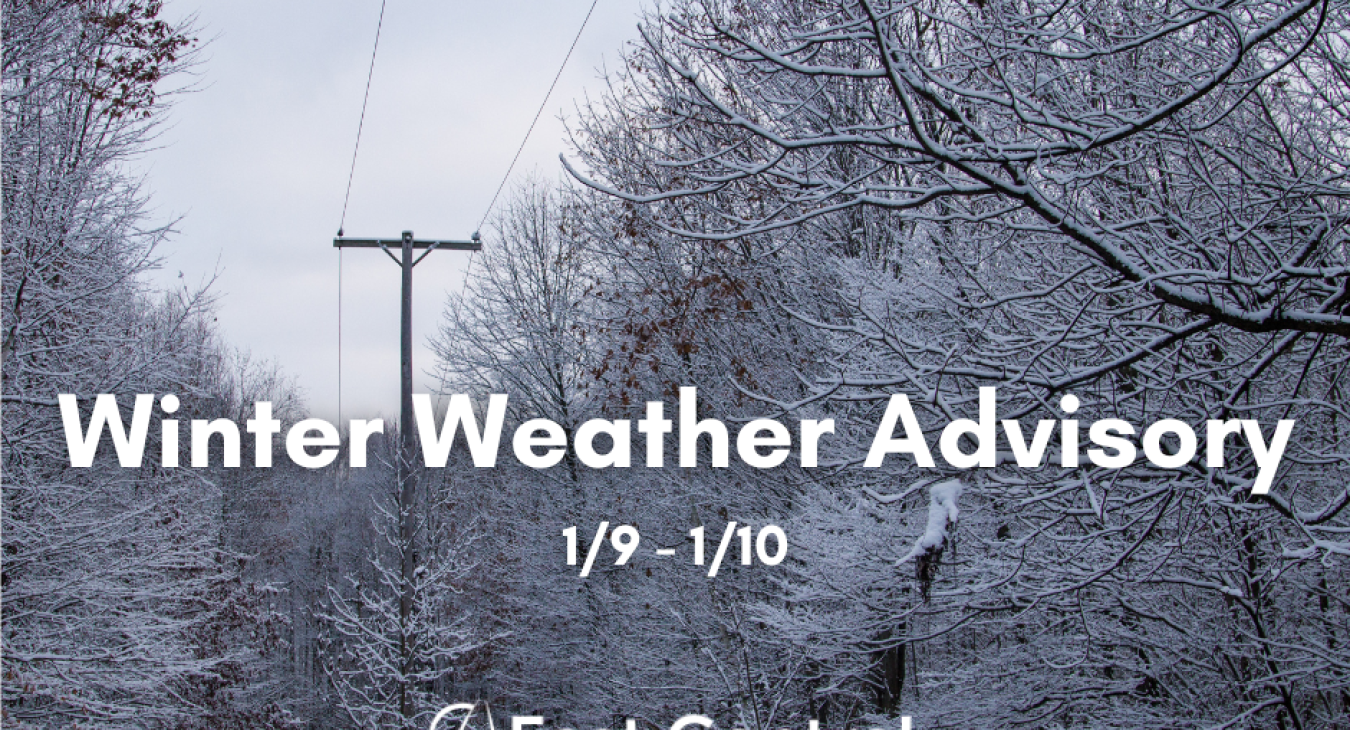 Image is a power line through a snowy forest. Overlaying the image are words that say "Winter Weather Advisory 1/9 - 1/10" with the East Central Electric Cooperative Logo.